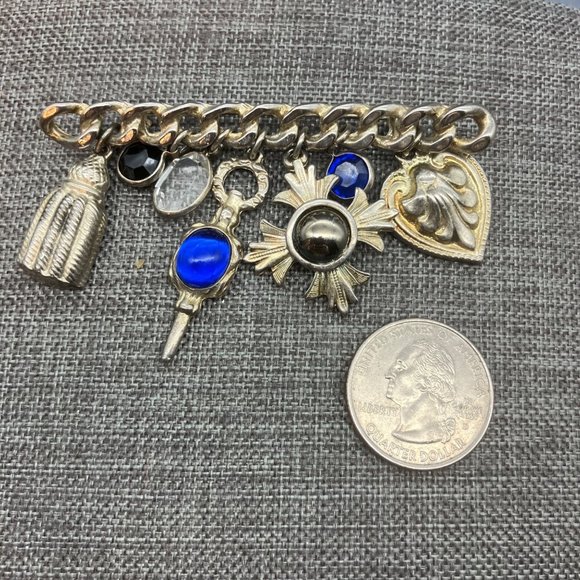 Bar Charm Pin Brooch Chunky Chain Cross Heart Bottle Silver Blue Vintage Retro - Picture 1 of 7